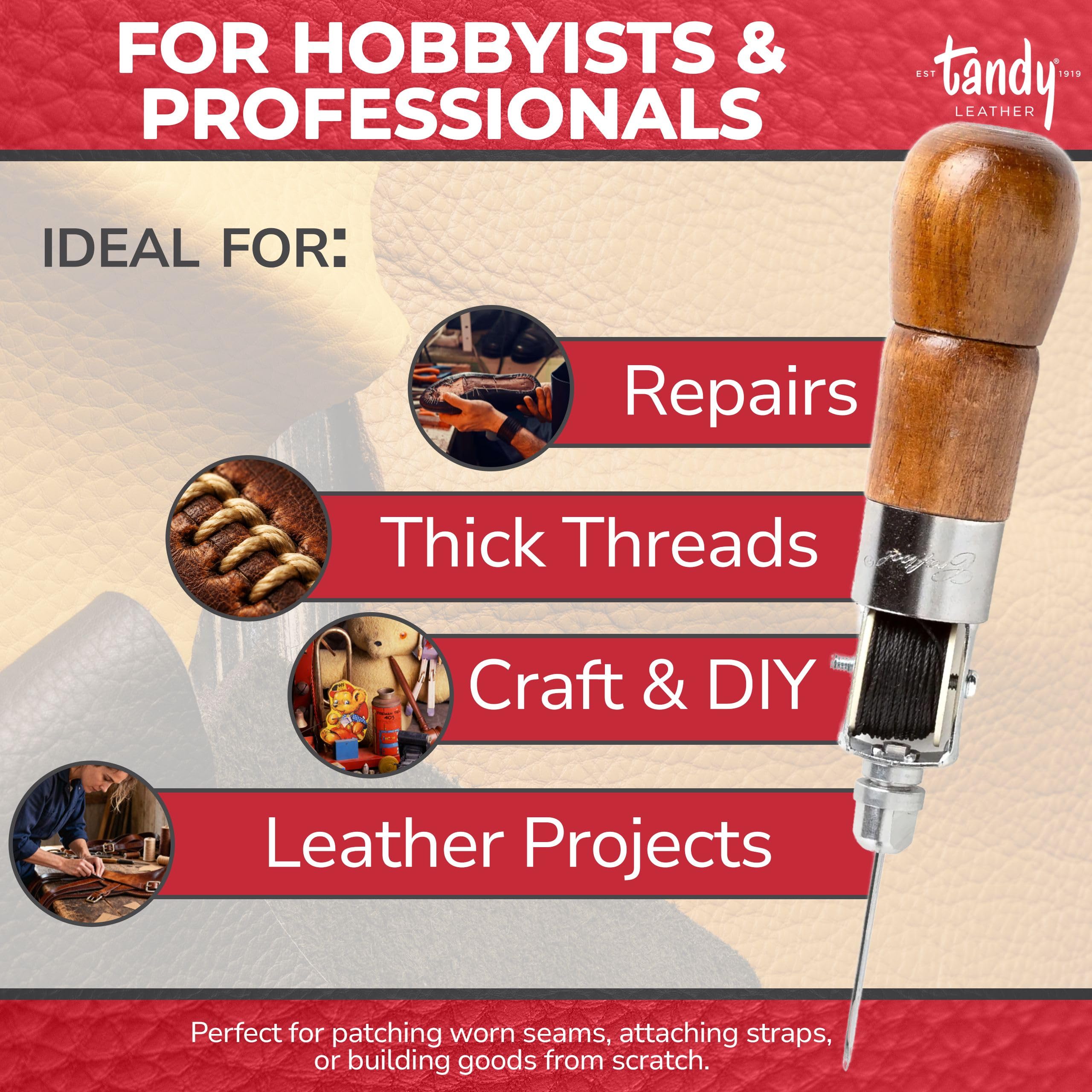 Tandy Leather Sewing Awl Kit - Strong Lock Stitch for Leather Canvas and Vinyl Repairs - Easy Control Sewing Tool for DIY and Craft Projects - Wood Handle - Image 3