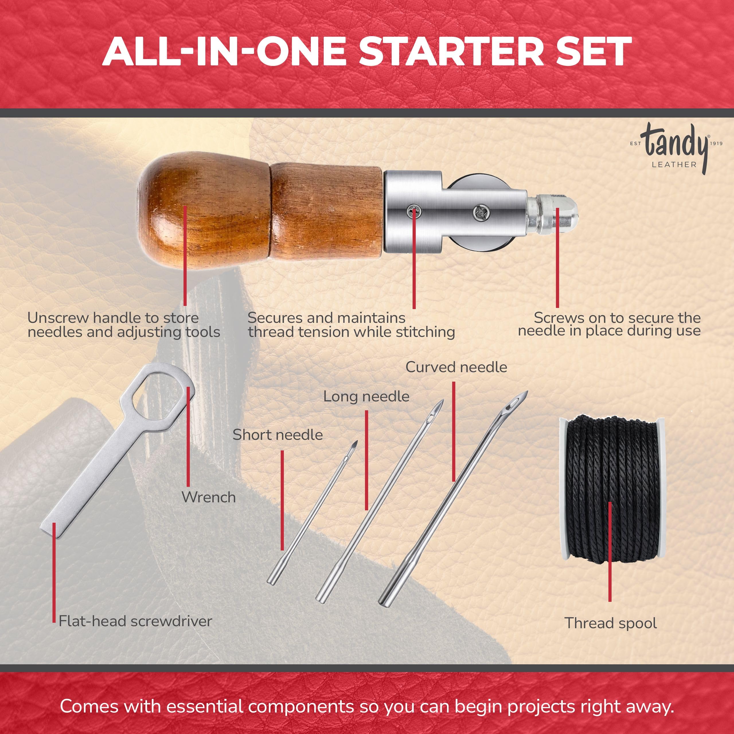 Tandy Leather Sewing Awl Kit - Strong Lock Stitch for Leather Canvas and Vinyl Repairs - Easy Control Sewing Tool for DIY and Craft Projects - Wood Handle - Image 6