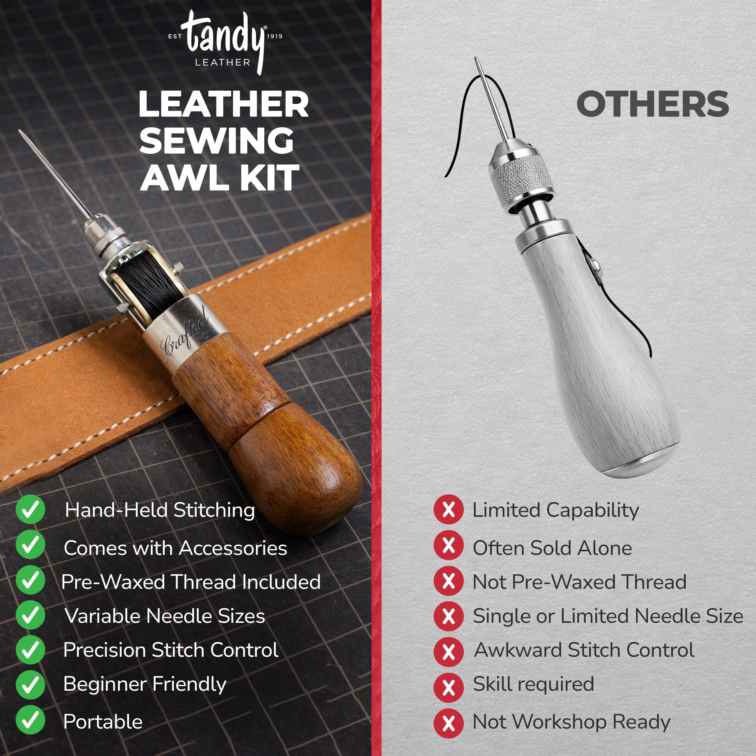 Tandy Leather Sewing Awl Kit - Strong Lock Stitch for Leather Canvas and Vinyl Repairs - Easy Control Sewing Tool for DIY and Craft Projects - Wood Handle - Image 7